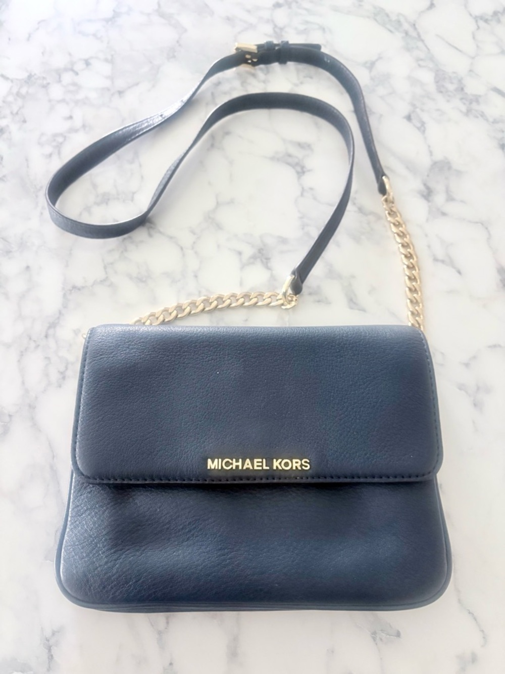 Michael Kors Navy Leather Crossbody Bag Gold Chain Wallet Purse